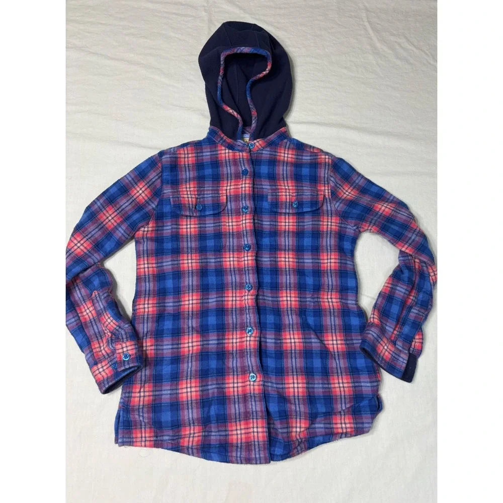 LL Bean Girls Blue Pink Plaid Flannel Fleece Lined Hooded Shirt M 10-12